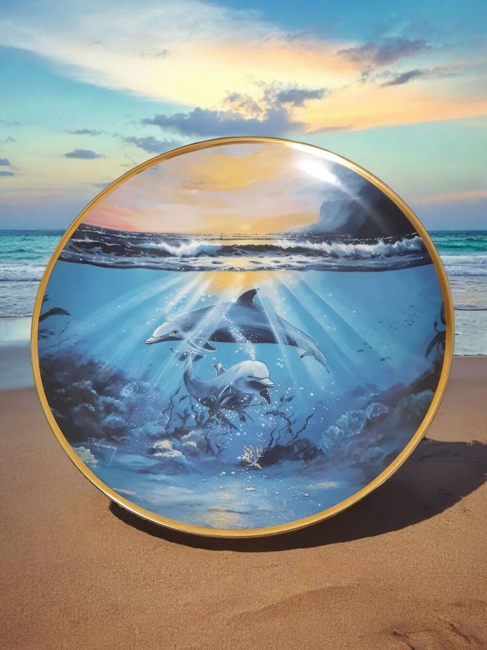 DANCE OF THE DOLPHIN Plate Delmary Ocean Sea Life Fish Franklin Mint Blue & Gold
